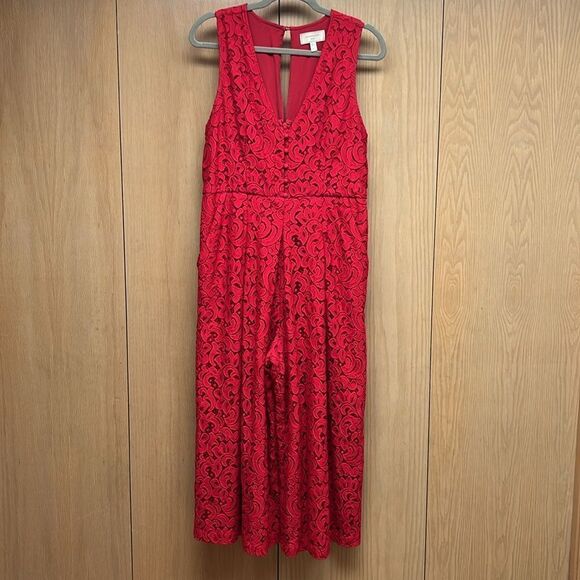 Moulinette Soeurs Anthropologie Jaeda Red Lace Wide Leg Jumpsuit Size 12 - Picture 4 of 10